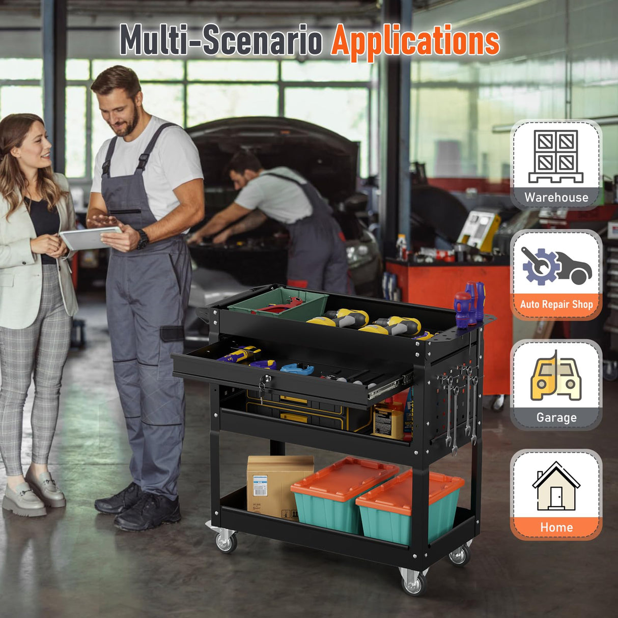 Kieperi 3 Tier Rolling Tool Cart, Rolling Tool Chest on Wheels for Mechanics,400 LBS Tool Cart with Drawers for Garage, Warehouse & Repair Shop (Black) Kieperi