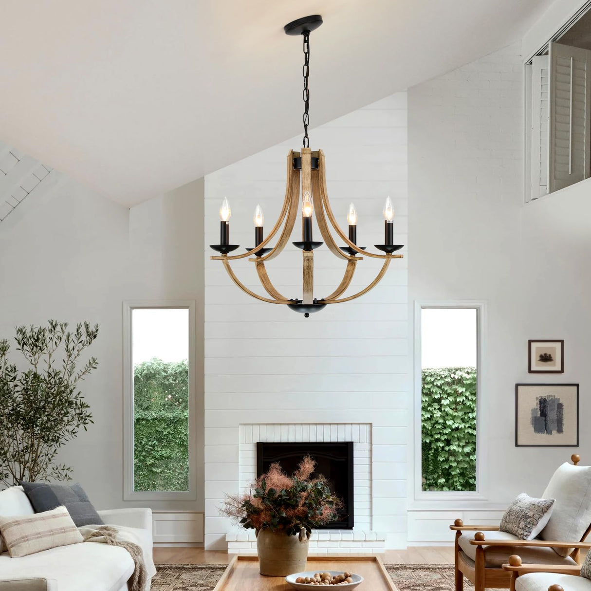 LAMPKEDUO Farmhouse Chandeliers for Dining Room Light Fixture, 5-Light 24 inch Faux Wood Texture Hanging Lighting Fixtures, Rustic Candle Chandeliers for Living Room Kitchen Island Foyer Entryway LAMPKEDUO