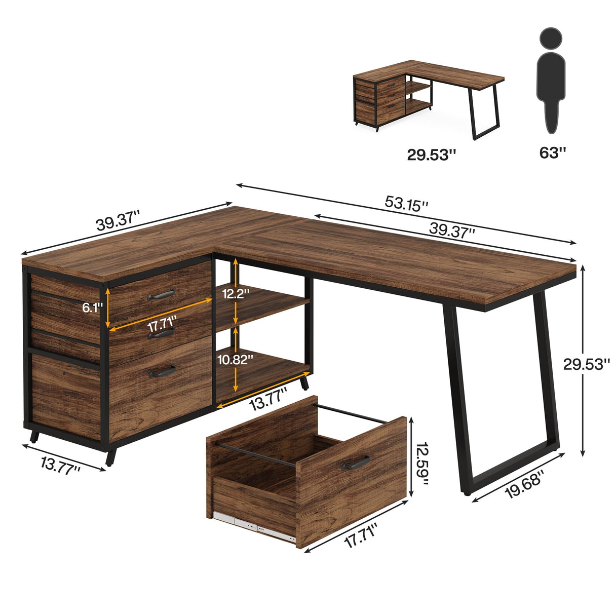 Tribesigns L-Shaped Computer Desk with 3 Drawers, Reversible Corner Home Office Desk with Shelves, 53-Inch Industrial PC Desk Study Writing Table Workstation for Small Space, Rustic Brown Tribesigns