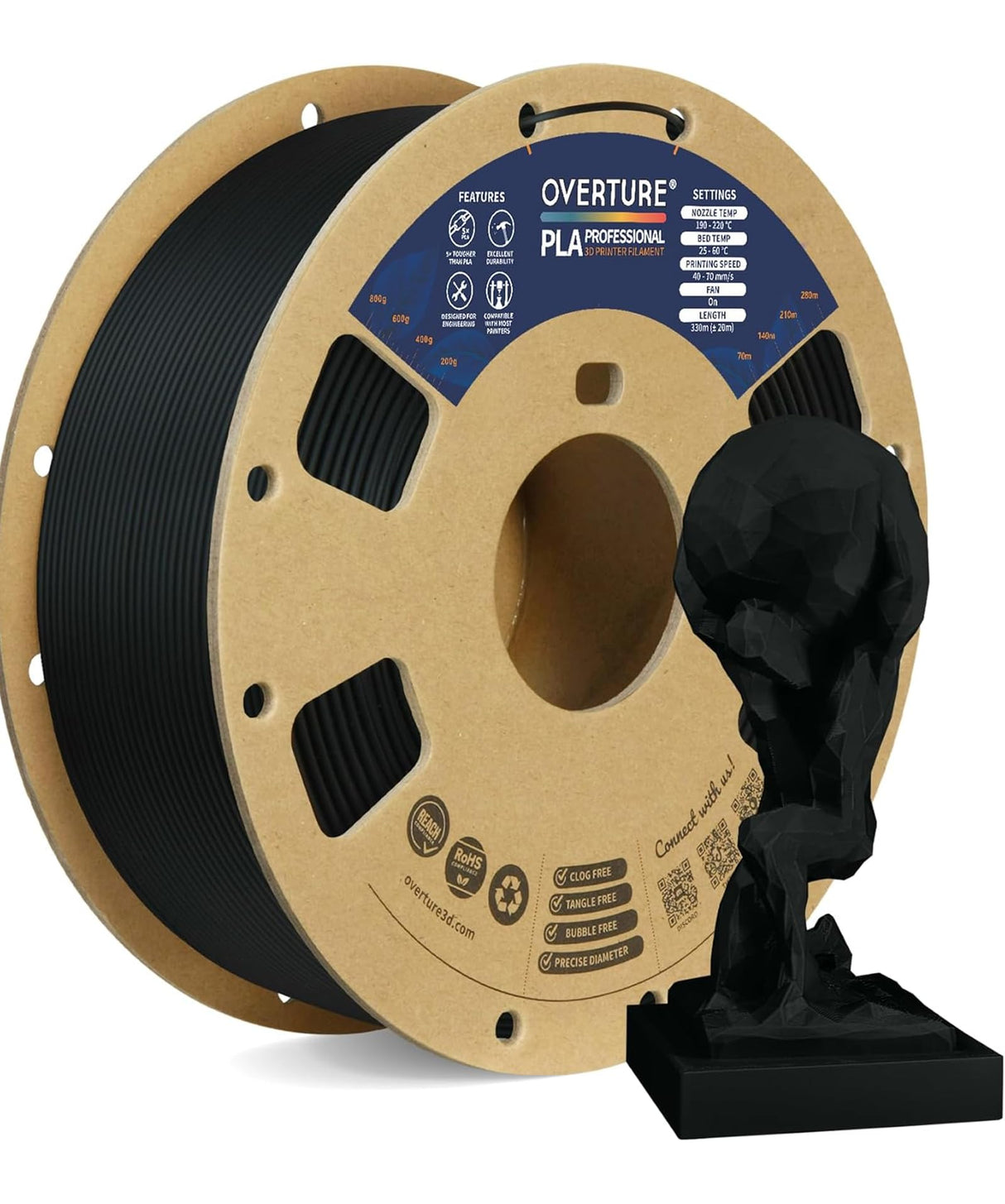 OVERTURE PLA Plus (PLA+) Filament 1.75mm, Stronger & More Durable, Professional Toughness 3D Printer Filament 1kg (2.2lbs), High Precision +/- 0.02mm, Tangle-Free (Black) OVERTURE