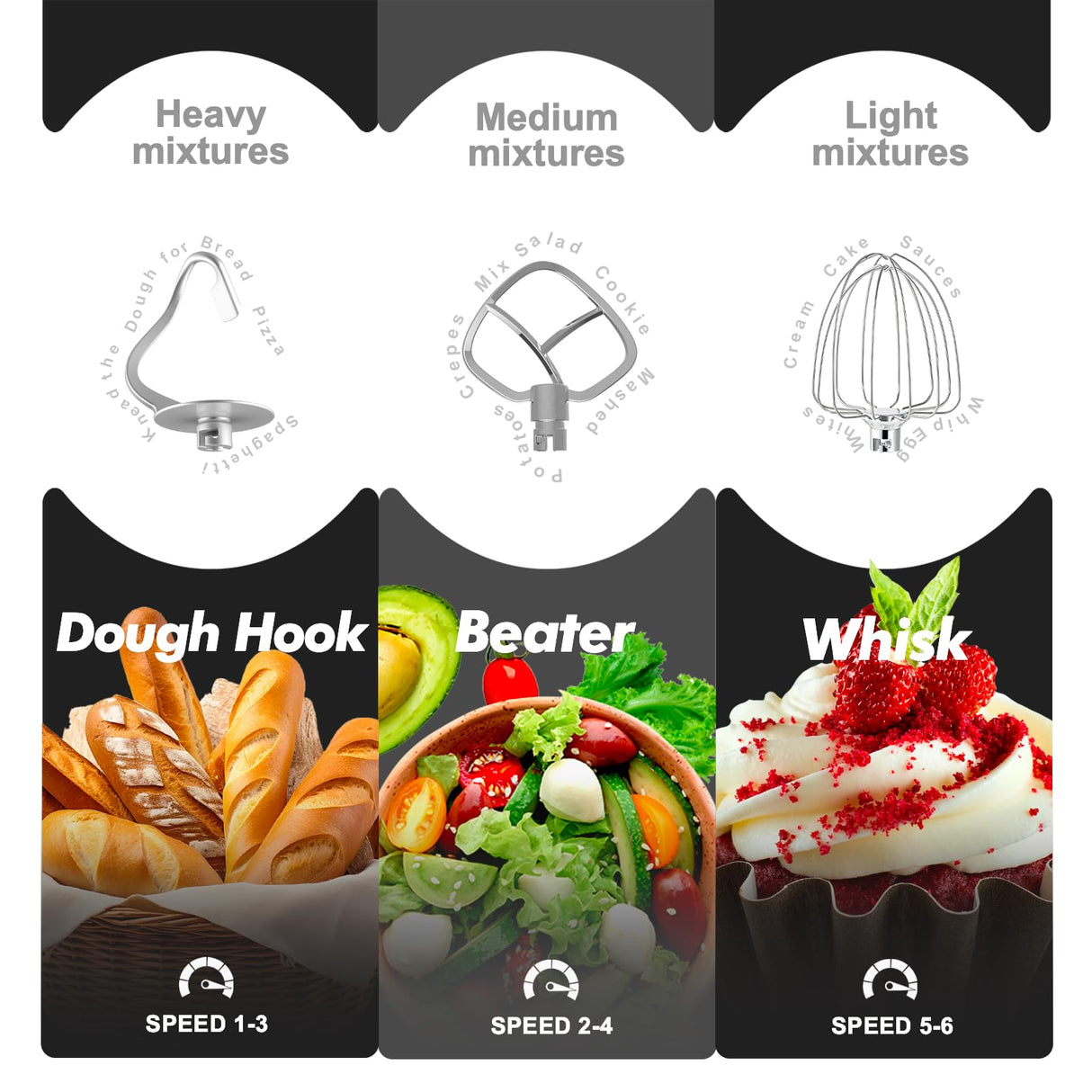 Kitchen in the box Stand Mixer, 6.5QT 660W Electric Kitchen Mixer, 6-Speed Tilt-Head Food Mixer with Dough Hook, Wire Whip, Beater, Dishwasher Safe (Black) Kitchen in the box