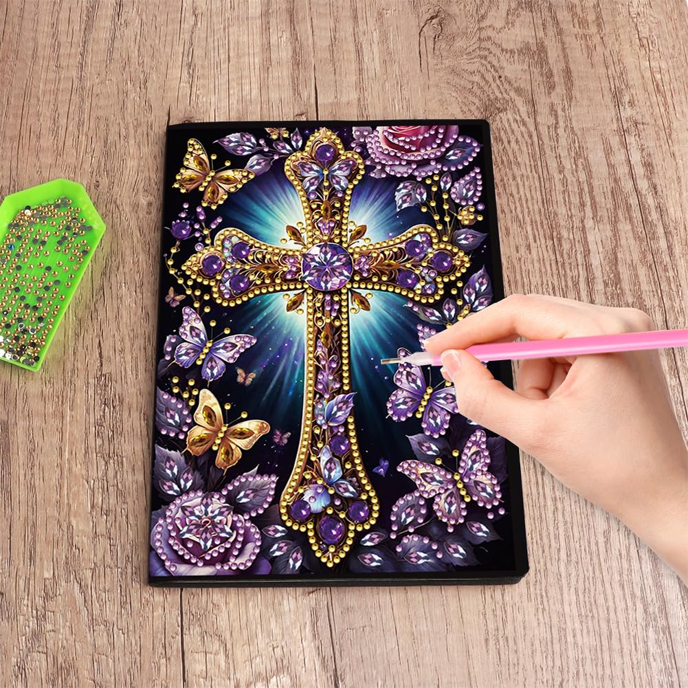 FRANDEK A5 50-Page DIY Diamond Art Painting Notebook with Beautiful Patterns, Special Shaped Diamond Art Craft for Beginners Adults Gift(Purple Cross) FRANDEK