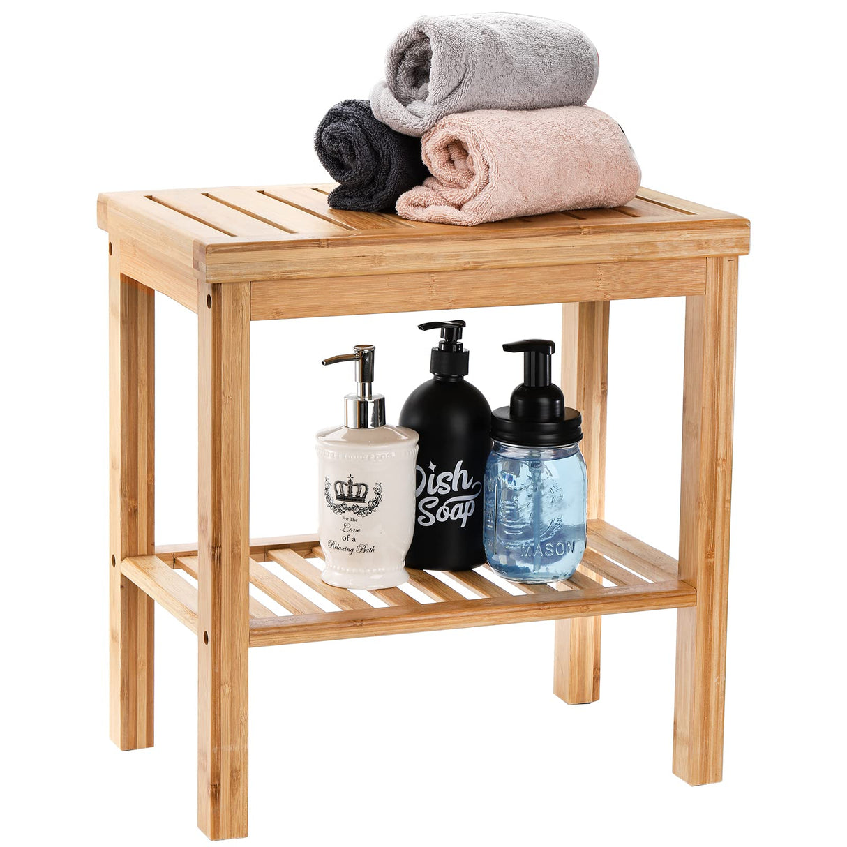 SOUJOY Bamboo Shower Bench, Bath Seat Stool, Spa Foot Rest Shaving Stool, Storage Shelf for Shampoo Towel, Works in Inside Bathroom, Living Room, Bedroom, Garden Leisure SOUJOY