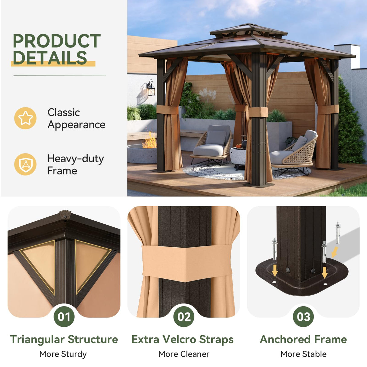 Aoxun 8'x8' Hardtop Gazebo, Aluminum Frame Permanent Pavilion with Curtains and Netting, Outdoor Polycarbonate Double Roof Canopy, Designed for Garden, Lawns, Patio, Brown Aoxun