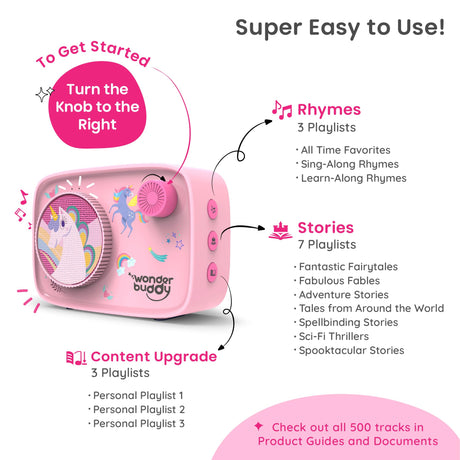 WonderBuddy Kids Story Box Audio Player, 500+ Preloaded Stories & Rhymes with Storybook DIY Art Kit, Voice Recorder, Content Upgrade, Bluetooth, Birthday Gift for Girls 3+ Years- Unicorn WonderBuddy