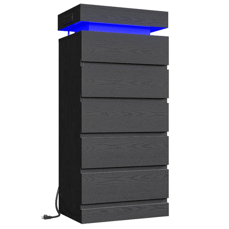 LIKIMIO 54" Tall 5 Drawer Dresser for Bedroom, Black Dresser with LED Light and Power Outlet, Wood Modern Chest of Drawers for Living Room, Entryway, Hallway LIKIMIO