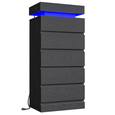 LIKIMIO 54" Tall 5 Drawer Dresser for Bedroom, Black Dresser with LED Light and Power Outlet, Wood Modern Chest of Drawers for Living Room, Entryway, Hallway