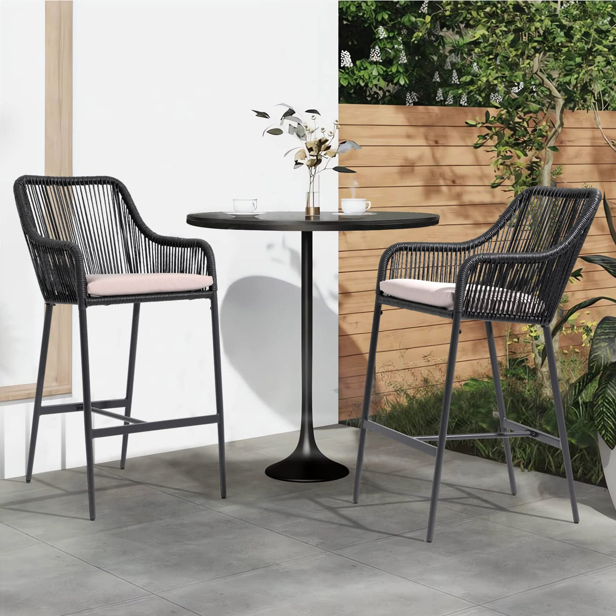 JOIVI Wicker Bar Stools Set of 2, Patio Outdoor Rattan Rope Bar Height Chairs with Cushions, Armrest and Footrest for Indoor, Garden, Poolside, Lawn, Backyard, Black JOIVI