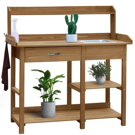 Yardenaler Outdoor Wood Potting Bench, Garden Horticulture Workstation with Removable Stainless Sink, Shelves, Drawers & Hooks, Natural Wood Yardenaler