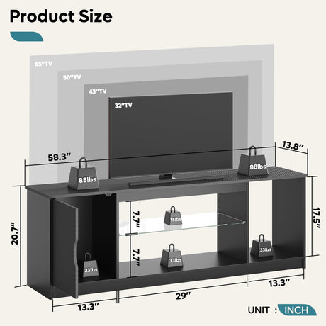 Bestier LED TV Stand for 55/60/65 Inch TV, Gaming Entertainment Center with Cabinet for PS5, Xbox,Modern TV Cabinet with Adjustable Glass Shelves for Living Room, Bedroom 58 Inch,Black Bestier