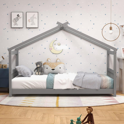 KOMFOTT Grey Twin House Bed Frame for Kids - Low Profile Montessori Tent Bed with Roof & Safety Design - WoodArtSupply