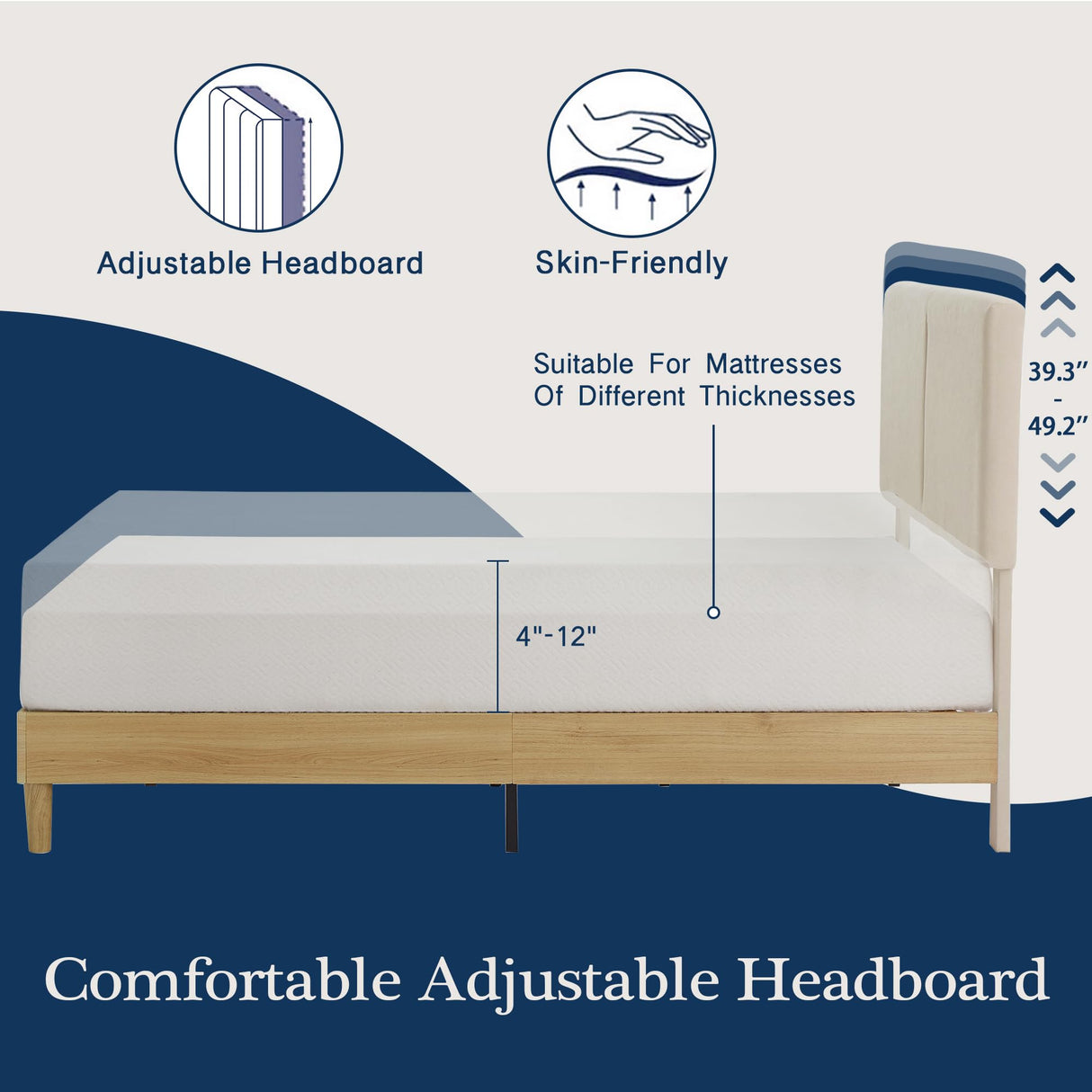 VECELO Adjustable Upholstered Full Bed Frame with Heavy-Duty Slats and Noise-Free Design VECELO