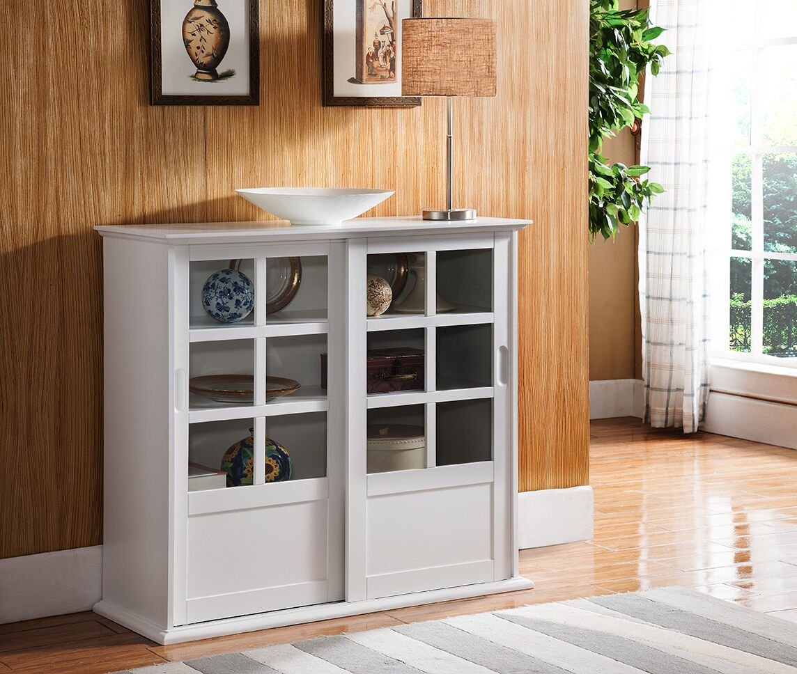 Kings Brand Furniture Holmes White Wood Curio Cabinet with Glass Sliding Doors - WoodArtSupply