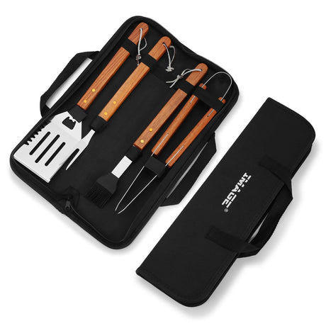 IMAGE Wooded BBQ Accessories Grilling Tools,Stainless Steel BBQ Tools Grill Tools Set for Cooking, Backyard Barbecue & Outdoor Camping Gift for Man Dad Women Barbecue Enthusiasts Set of 4 IMAGE