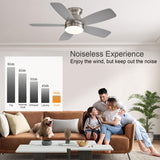 JSAITEE Ceiling Fans with Lights, 42 Inch Low Profile Ceiling Fan with Light and Remote/App Control, Flush Mount, Reversible, 3CCT, Dimmable, Noiseless, Nickel Ceiling Fan for Indoor/Outdoor Use JSAITEE