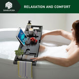Bamboo Bathtub Caddy Tray Expandable for Luxury Bath, Bath Accessories & Table with Wine Glass Holder, Book Stand Bathroom Organizer with Extending Sides for Men/Women,Black BAMBUROBA