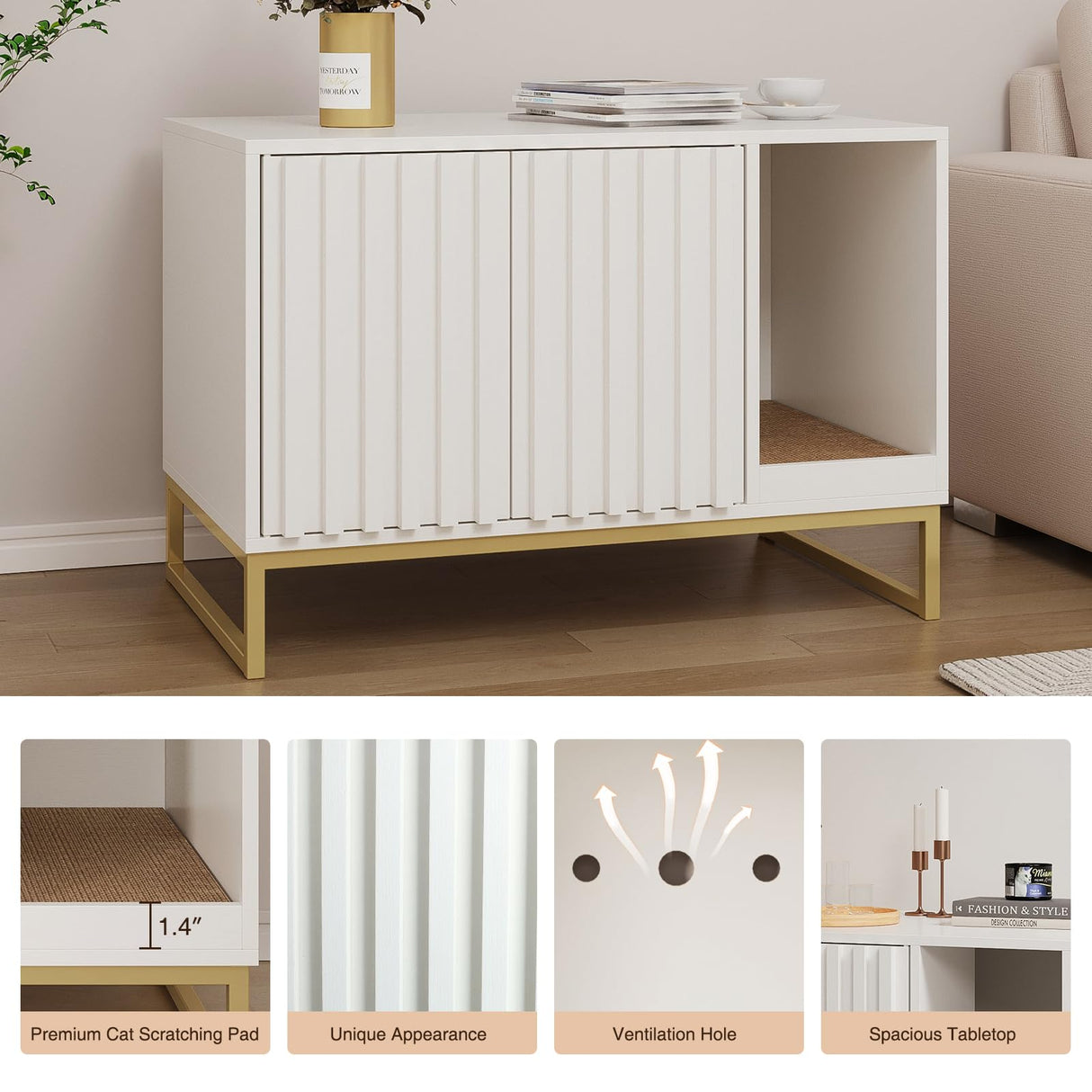 Halitaa Litter Box Enclosure, Modern Cat Litter Box Furniture Hidden Litter Box with Scratch Pad, Cat Washroom House End Table, Entryway Bench for Livingroom (White) Halitaa