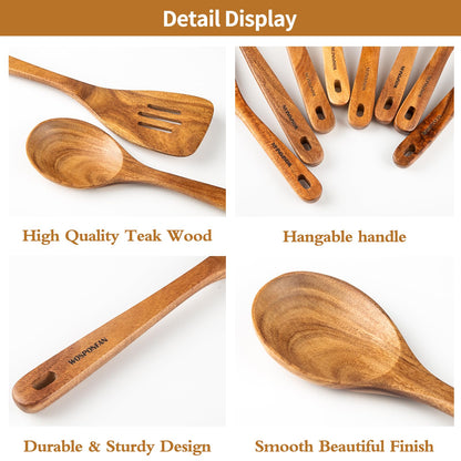 WOSPONFAN 9 PCS Kitchen Utensils Set - Wooden Spoons for Cooking, Natural Teak Wooden Utensils - Includes Wooden Spoons, Spatula Set, Slotted Spoon - - WoodArtSupply