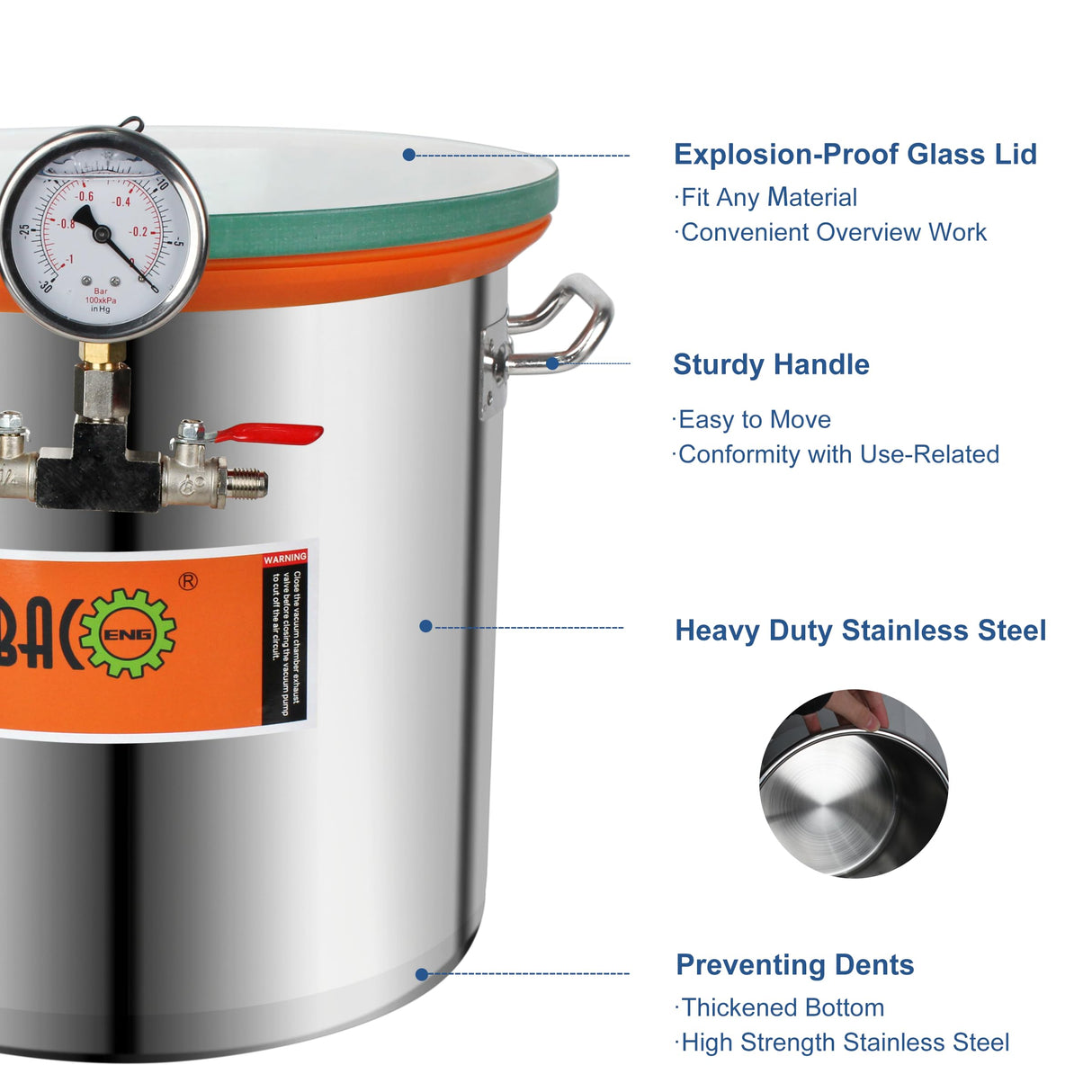 BACOENG 5 Gallon Tempered Glass Lid Stainless Steel Vacuum Chamber Perfect for Stabilizing Wood, Degassing Silicones, Epoxies and Essential Oils. BACOENG