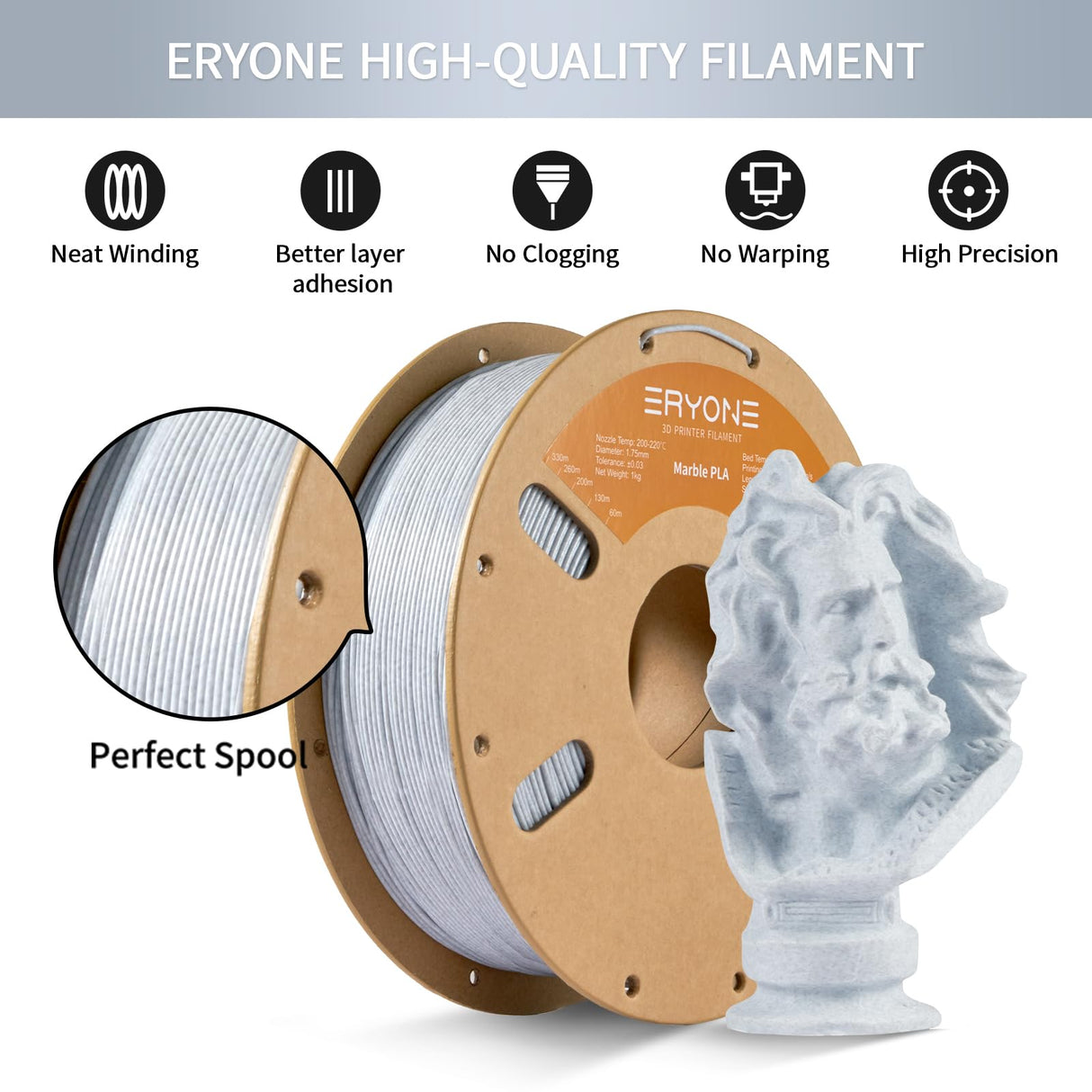 ERYONE Marble PLA Filament 3D Printer Filament 1.75mm +/- 0.03mm Fits for Most FDM 3D Printers, 1KG Cardboard Spool(2.2LBS), Marble ERYONE