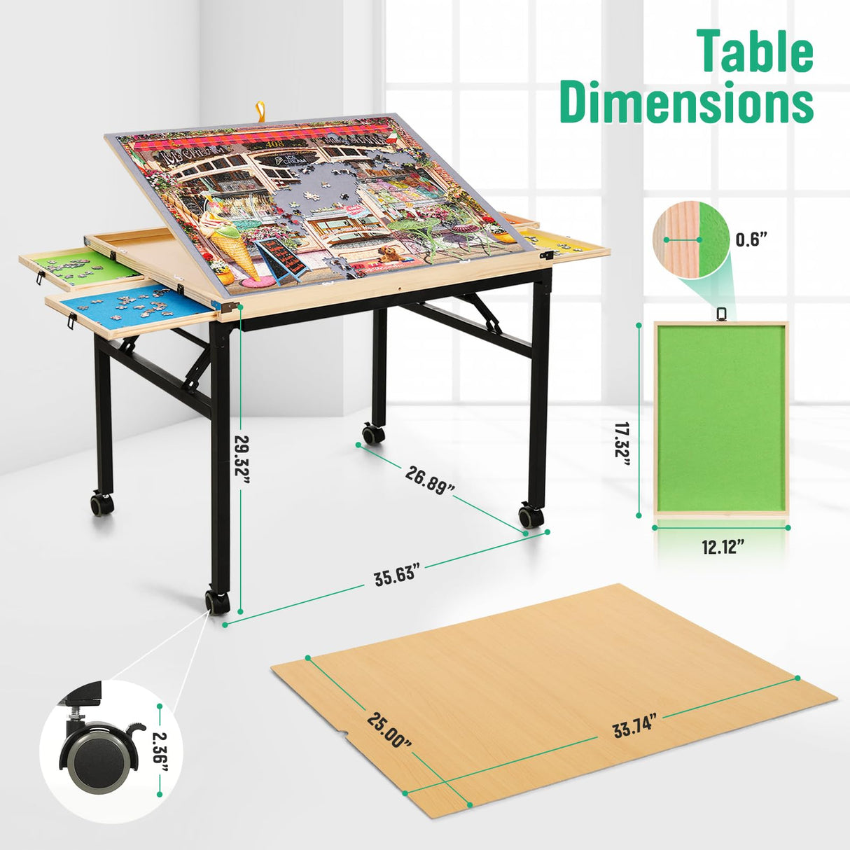 Puzzle Table with Drawers and Folding Metal Legs 1500 Pieces Jigsaw Puzzle Table with Cover 3-Tilting-Angle Portable Wooden Jigsaw Puzzle Board Easy to Move Birthday Gift for mom JoyPcsTable