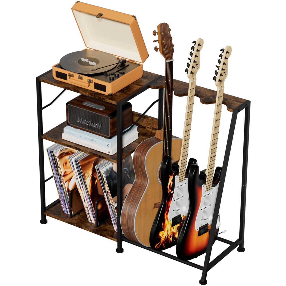 Hosfais Record Player Stand, 3 Tier Guitar Stand for Acoustic, Electric Guitar, Bass Stand, Vinyl Record Storage Up to 200 Albums, Brown Records Shelf for Living Room Bedroom Hosfais