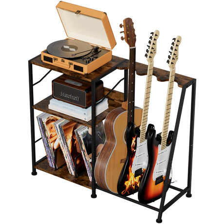Hosfais Record Player Stand, 3 Tier Guitar Stand for Acoustic, Electric Guitar, Bass Stand, Vinyl Record Storage Up to 200 Albums, Brown Records Shelf for Living Room Bedroom Hosfais