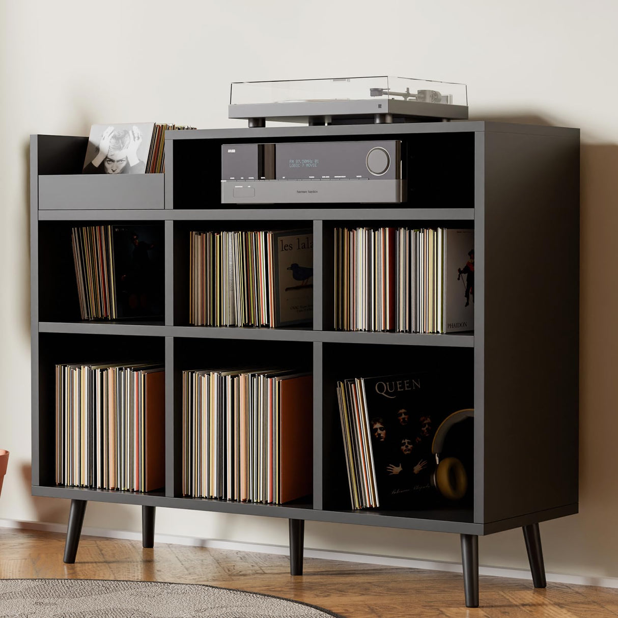 Cozy Castle Record Player Stand, Turntable Shelf with Vinyl Storage up to 500 Albums, Vinyl Record Player Shelf with Power Outlet Sideboard Buffet Cabinet with Storage Accent Cabinet, Black Cozy Castle
