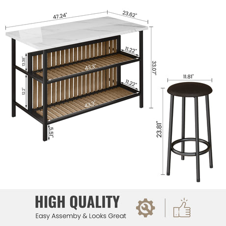Lamerge Industrial 3-Piece Marble Bar Table Set with Storage Shelves and Stools in White Lamerge