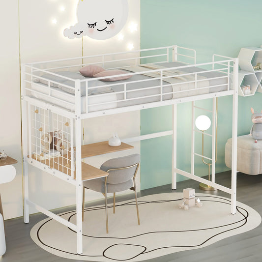 Harper & Bright Designs Twin Size Metal Loft Bed with L-Shape Desk, High Loft Bed with Metal Grid and Ladder,Loft Bed for Kids Teens Adults, No Box Spring Needed (White)