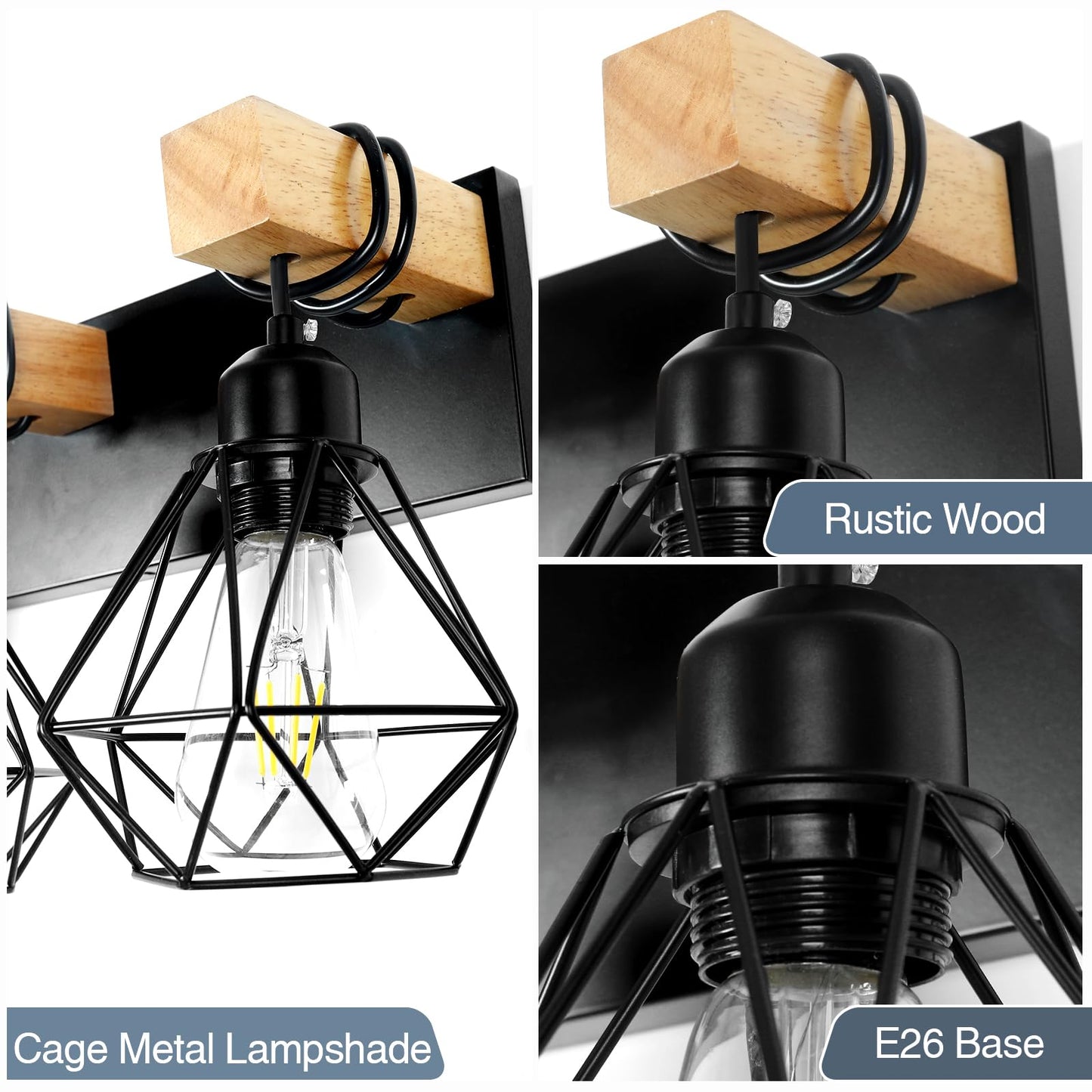 Floresita Farmhouse Vanity Light for Bathroom, 4-Light Bathroom Vanity Light Fixtures, Wood Bathroom Lighting Fixtures with Cage Metal Lampshade for Mirror,Bathroom - WoodArtSupply