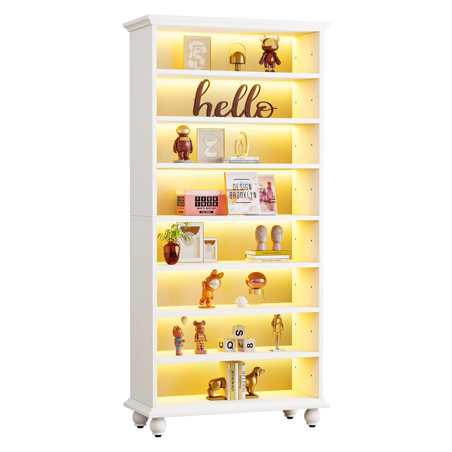 Tribesigns 69-Inch LED-Illuminated 9-Tier Modern Bookcase with Solid Wood Legs - White - WoodArtSupply