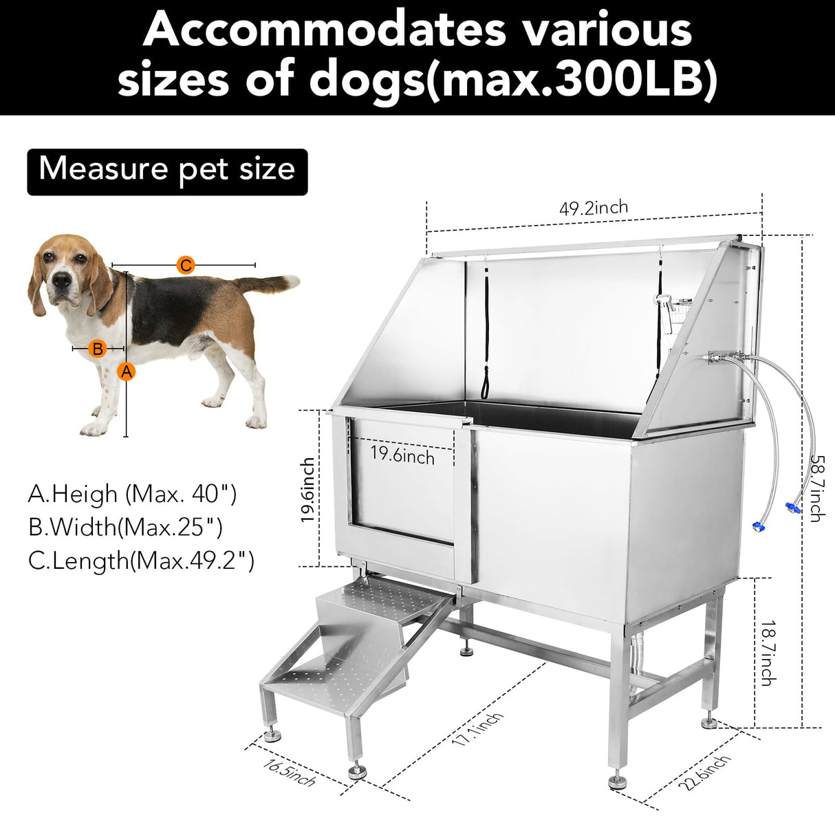 Dog Grooming Bathtub for Large Dogs, 50" Professional Dog Bathing Station, Pet Dog Washing Station for Home, Large Dog Bathtub with Removable Floor Grate, Steps, Faucet TROPOW