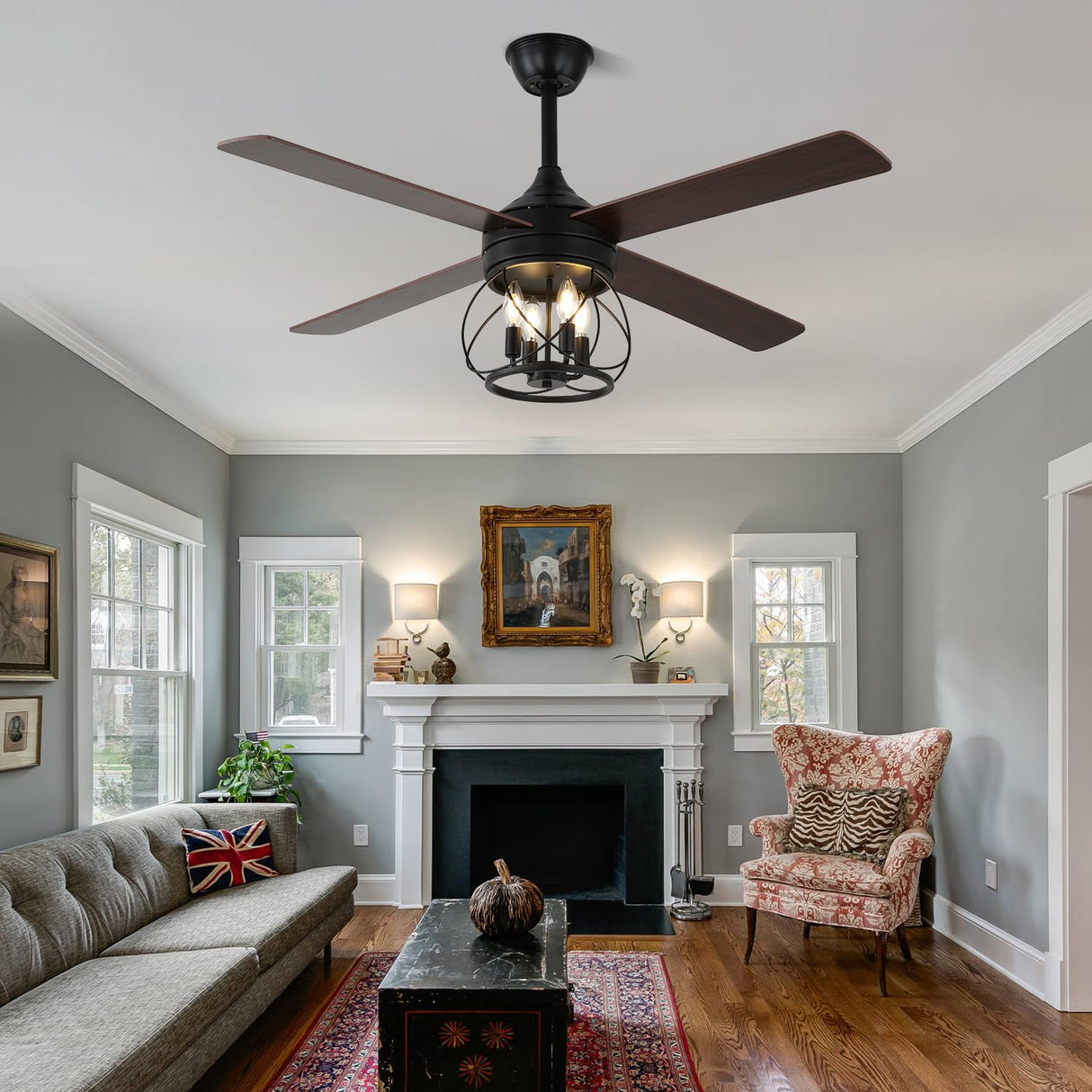 Curve Curio 52 Inch Farmhouse Ceiling Fan with Light and Remote Industrial Ceiling Fan Quiet and Reversible DC Motor Rustic Caged Chandelier Fan for Living Room Bedroom Patio (Caged Frame) Curve Curio