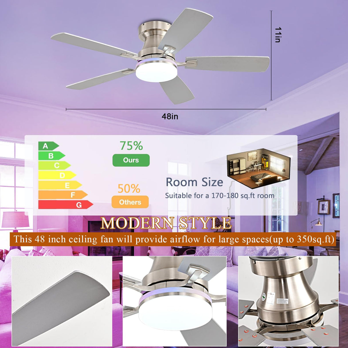 Ayaoty Ceiling Fans with Lights, 48 inch Low Profile Ceiling Fan with Light and Remote Control, Flush Mount RGB Dimmable Light, Noiseless, Nickel Ceiling Fan for Bedroom Indoor/Outdoor Use Ayaoty