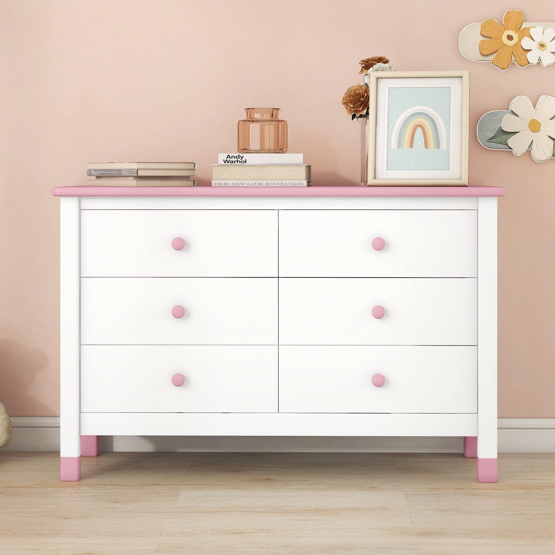 Harper & Bright Designs Wooden 6 Drawers Dresser, Modern Storage Cabinet with 6 Drawers, Cute Chest of Drawers with Round Handles for Girls Boys Kids' Room Bedroom,Hallway, Entryway,White+Pin - WoodArtSupply