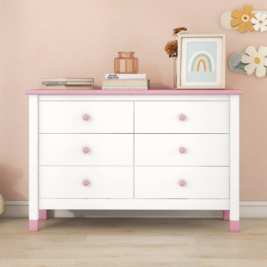 Harper & Bright Designs Wooden 6 Drawers Dresser, Modern Storage Cabinet with 6 Drawers, Cute Chest of Drawers with Round Handles for Girls Boys Kids' Room Bedroom,Hallway, Entryway,White+Pin - WoodArtSupply