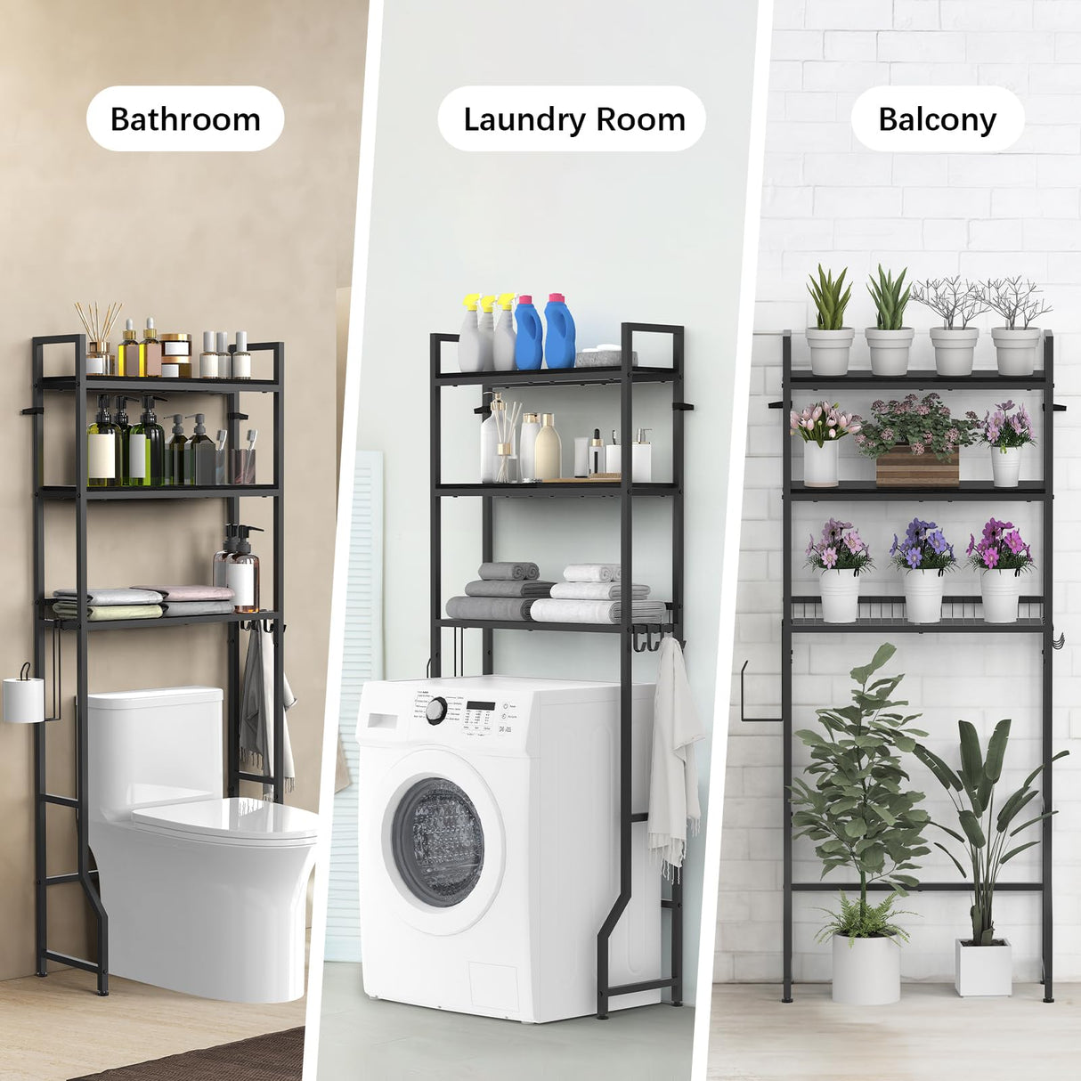 NOVIMANGO Over The Toilet Storage 3 Tier Over Toilet Bathroom Organizer Wooden Bathroom Space Saver Freestanding Above Toilet Stand with 4 Hooks Black Over The Toilet Rack for Restroom, Laundry NOVIMANGO