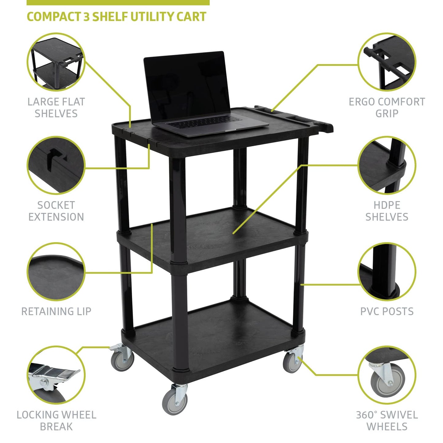 Pearington 3-Tier Compact Multi-Purpose Plastic Utility Cart with Lockable Wheels up to 300LBS, Black - WoodArtSupply