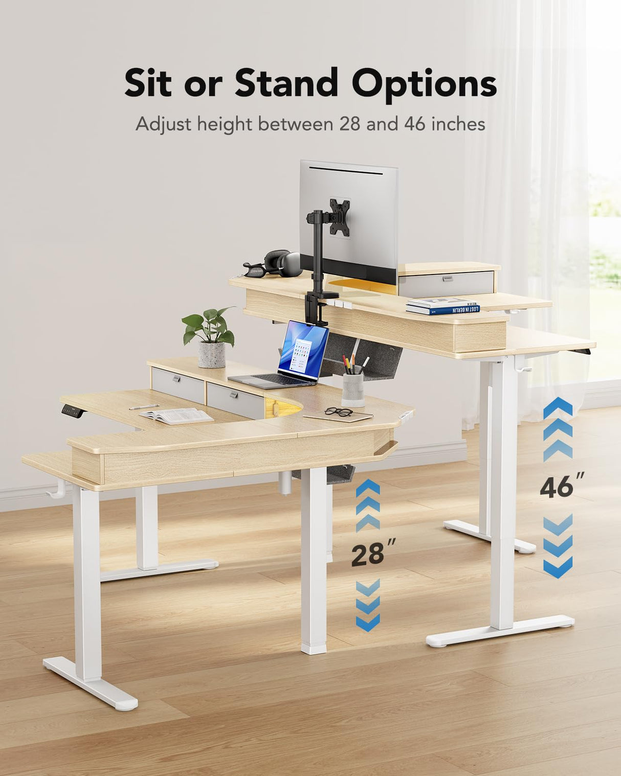 HUANUO 65″ L-Shaped Standing Desk with Power Outlets & LED Strip, Electric Height Adjustable Corner Computer Desk, Sit Stand Up Desk with 3 Drawers, Natural Wood HUANUO