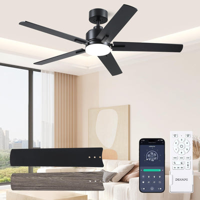 DSNAPE 52 Inch Black Ceiling fan with Lights, Ceiling Fan with Lights and Remote/APP Control, Reversible, Dimmable, 3CCT, Quite Ceiling fan for Living Room, Bedroom, Indoor Outdoor Use