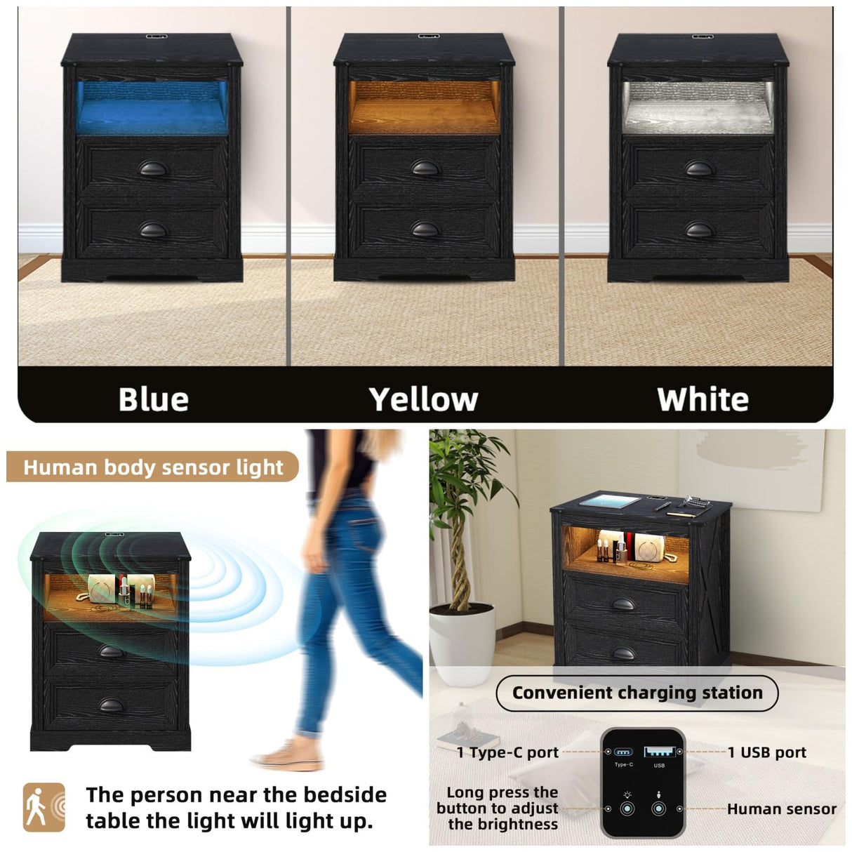 FONTOI Farmhouse Nightstand with Charging Station, End Table with Drawers, Bedside Table with 3 LED Lights Modes, Wood Nightstand with Smart Human Sensor for Bedroom, Black, Set of 2 FONTOI