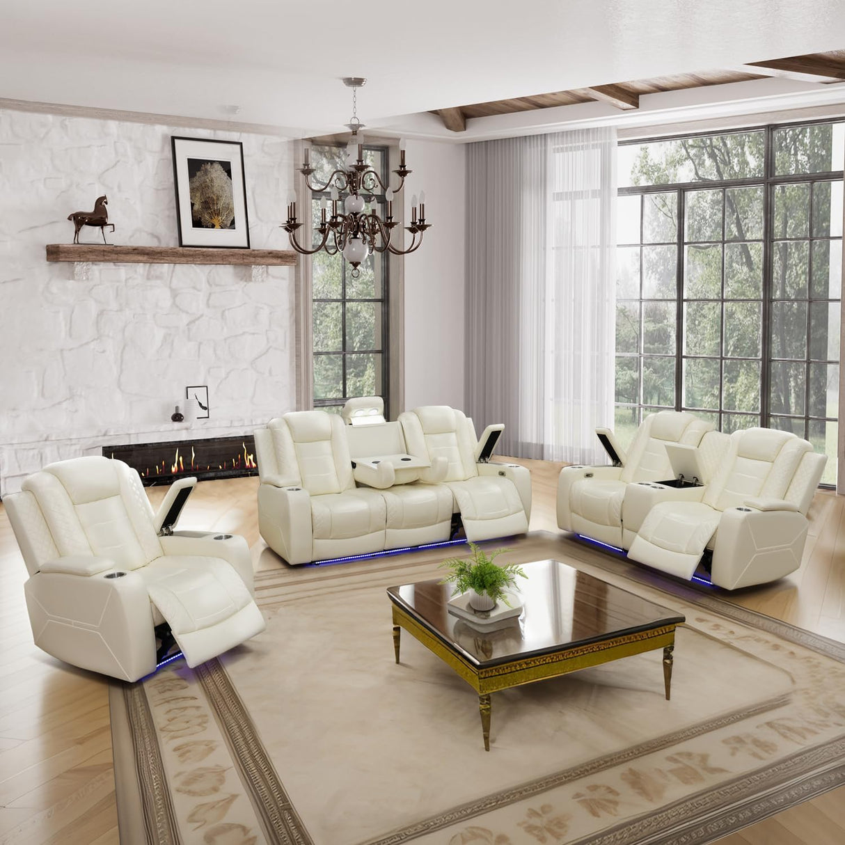 GEBADOL Power Recliner Sofa Set, Breathing Leather Sofa Set with Storage Console/Cup Holders/USB Ports, Leather Reclining Couch Set for Living Room (Creamy White, Sofa+LOVESEAT+Chair) GEBADOL