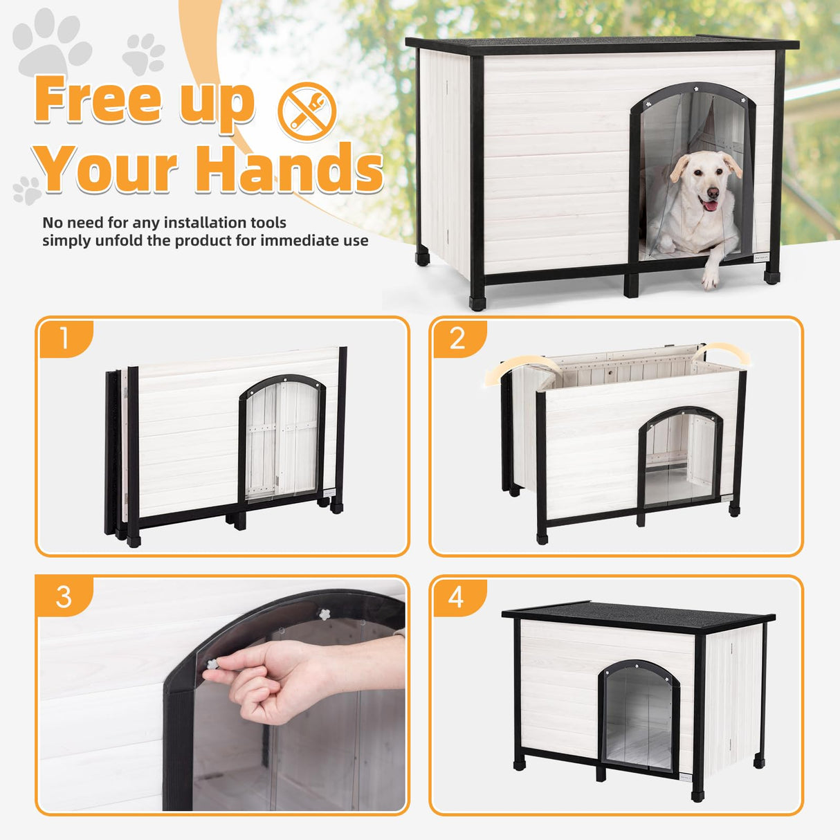 Petsfit 45.3" Large Dog House, Folding Dog House Outdoor, Unfold to Use, No Tools Required Assembly, Weatherproof Outside Dog House with Door Flap (Large, White) Petsfit