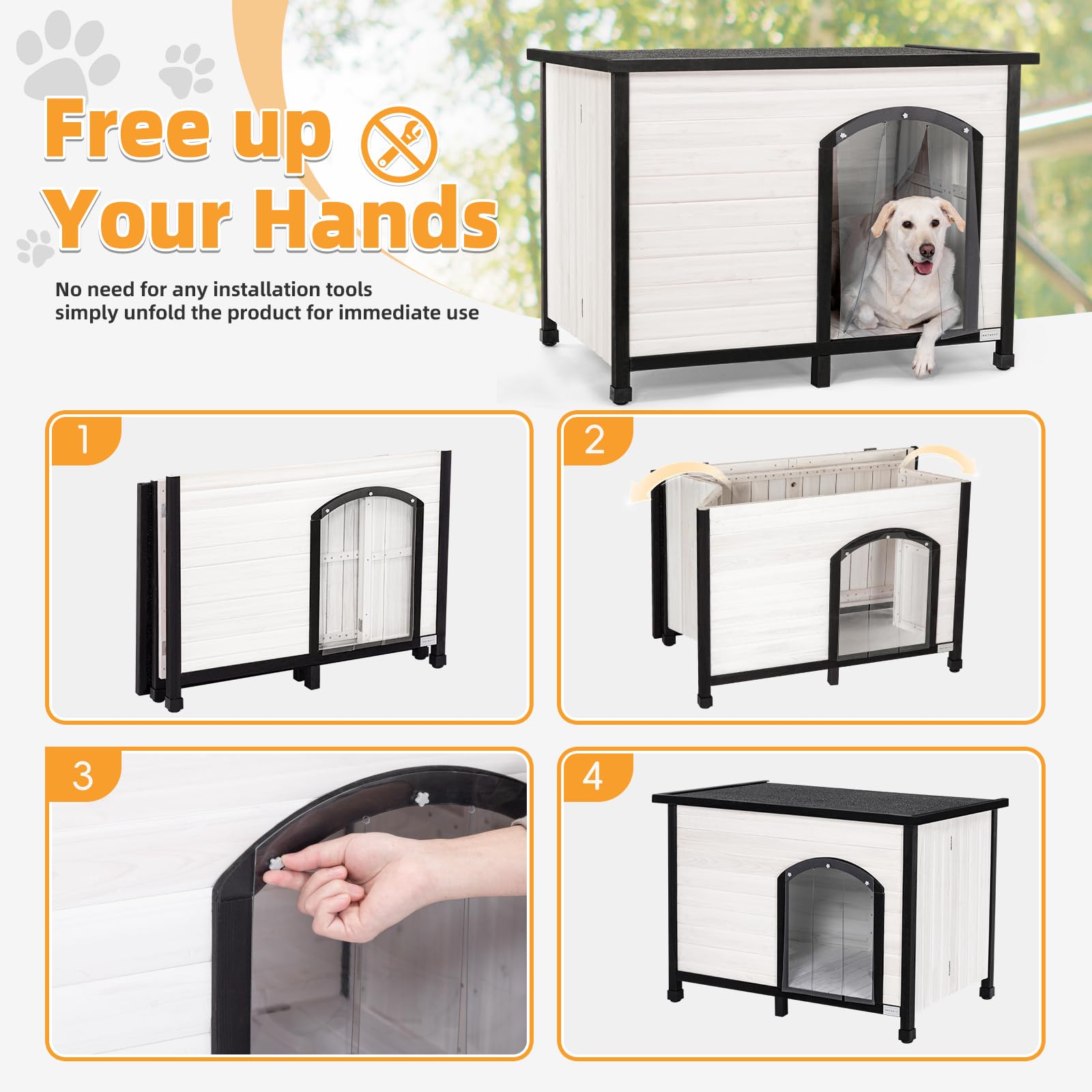 Petsfit 45.3" Large Dog House, Folding Dog House Outdoor, Unfold to Use, No Tools Required Assembly, Weatherproof Outside Dog House with Door Flap (Large, White) - WoodArtSupply