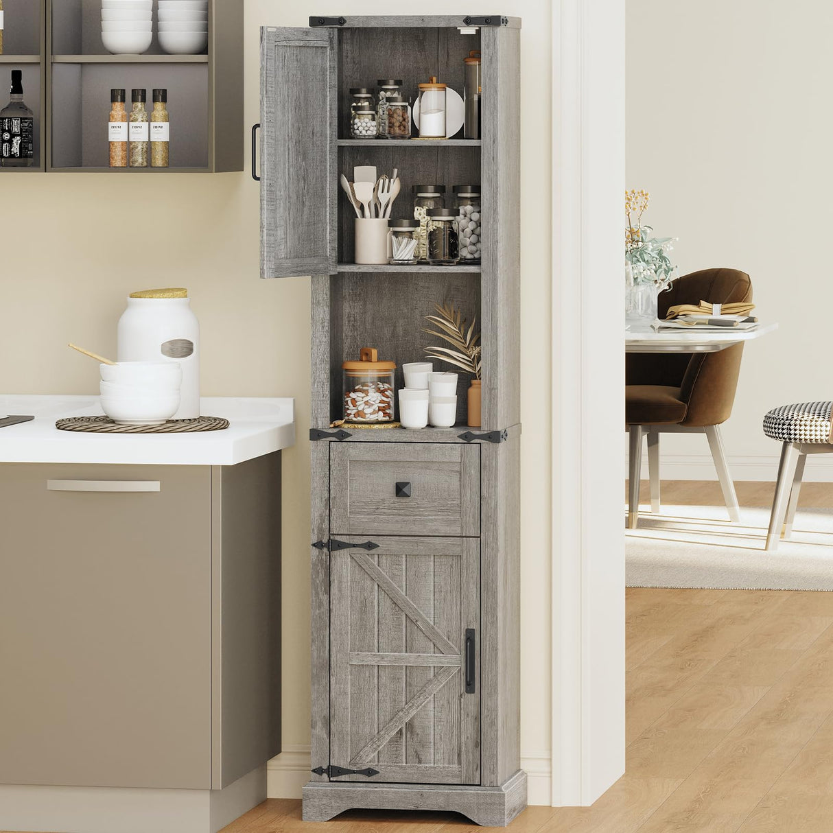 66" Tall Farmhouse Bathroom Storage Cabinet with Barn Doors and Drawer, Narrow Storage Unit, Adjustable Shelves & 5-Tier Space, Freestanding Cabinet for Bathroom, Entryway, Kitchen, Wash Grey Vabches