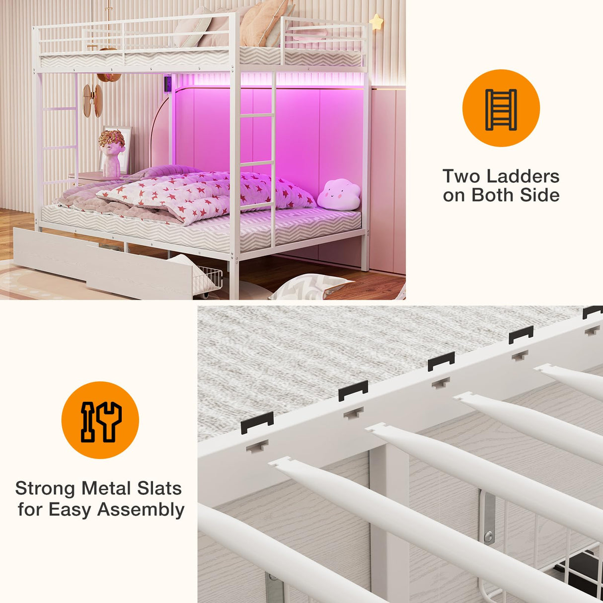 IKIFLY Full Over Full Bunk Beds with 2 Storage Drawers, Heavy Duty Metal Bunk Bed with LED Lights and Charging Station, Safety Guardrail & 2 Ladders, Space-Saving, No Box Spring Needed, White IKIFLY