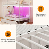 IKIFLY Full Over Full Bunk Beds with 2 Storage Drawers, Heavy Duty Metal Bunk Bed with LED Lights and Charging Station, Safety Guardrail & 2 Ladders, Space-Saving, No Box Spring Needed, White IKIFLY