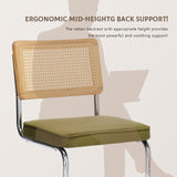 SOARMOTE Rattan Dining Chairs Set of 2,Upholstered Mid-Century Modern Dining Room Chairs with Cane Backrest,Retro Velvet Kitchen Chairs with Stainless Chrome Base,Green SOARMOTE