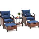 AVAWING 5 PCS Outdoor Rattan Furniture Set, Wicker Conversation Sets W/Metal Coffee Table and Soft Cushions, Patio Chairs with Ottomans for Garden, Porch, Balcony and Deck (Blue) AVAWING